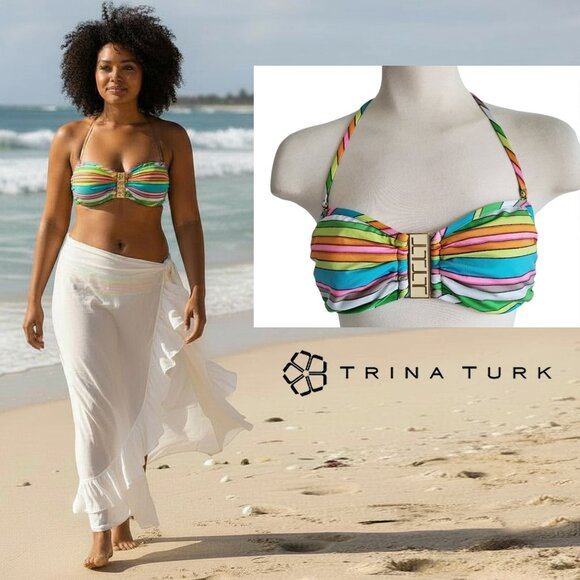 Trina Turk Bright Multi Color Rainbow Removable Strap Bandeau Bikini Top Size 10 - Picture 1 of 14